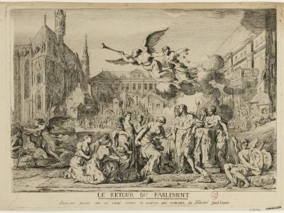 Le retour du Parlement/Louis XVI apuié sur sa vertu relève la justice qui ramène la Félicité publique.(TI)